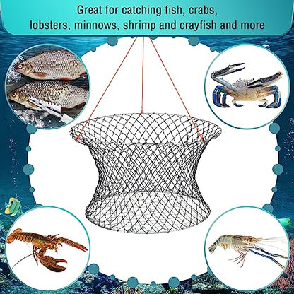 Windyun 2 Sets Crab Trap Bait Wire Grid Bottom Crab Nets Foldable Fishing Net Hand Casting Cage with Harness and Bait Clip - color: Black