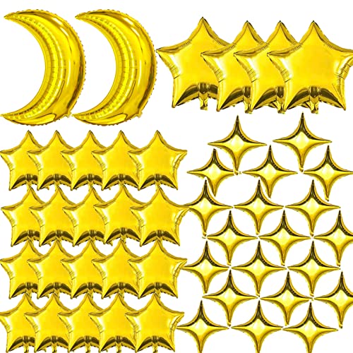 50pcs Moon and Star Balloons Gold，36"Moon Foil Balloons 18"10" Star Foil Balloons Four Pointed Star Balloon Mylar Balloon for Baby Shower Christmas Anniversary Wedding Birthday Party - color: Gold Moon Star