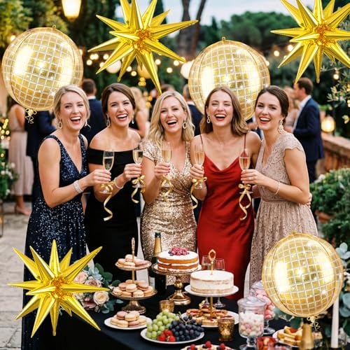 Gold Disco Balloons, 6 Pcs Shiny Foil for Prom Graduation New Year Party - style: Disco Gold