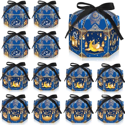 Jremreo 12 Pack Ramadan Eid Mubarak Treat Boxes - Gold Lantern and Moon Design, Hexagonal Paper Boxes with Ribbons, Muslim Holiday Party Candy Containers for Eid Al-fitr