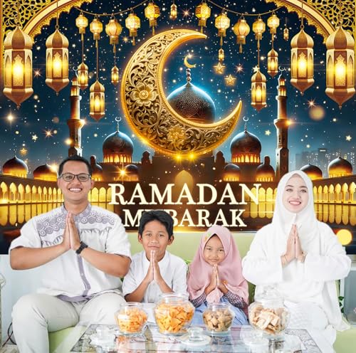 Ramadan Mubarak Backdrop Golden Crescent Moon Lanterns Mosque Banner Eid Mubarak Celebration Ramadan Decorations for Home Booth Prop (7X5FT) - size: 7X5FT