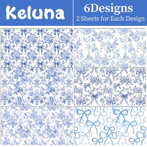 Keluna Blue Bow Flower Wrapping Paper - 12 Pcs Chinoiserie Light Blue Wrapping Paper for Baby Shower Girls Birthday Wedding Bridal Shower Gift Wrap Supplies - color: Chinoiserie flower