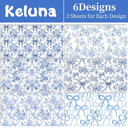 Keluna Blue Bow Flower Wrapping Paper - 12 Pcs Chinoiserie Light Blue Wrapping Paper for Baby Shower Girls Birthday Wedding Bridal Shower Gift Wrap Supplies - color: Chinoiserie flower