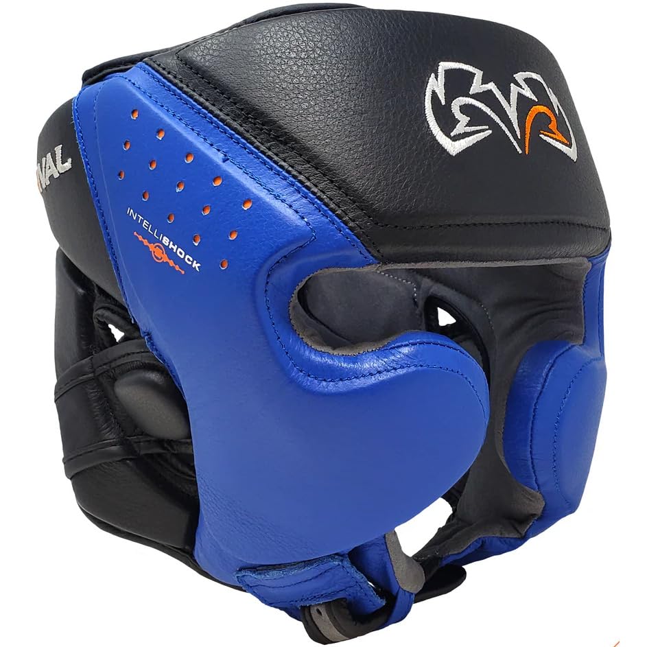 RIVAL Boxing RHG10 Intelli-Shock Headgear, D3O Front and Side Padding, Hook and Loop Back Adjustment with Lace on Top, and Anatomical Rear Head Pad Every Time - color: Black/Blue, size: Large
