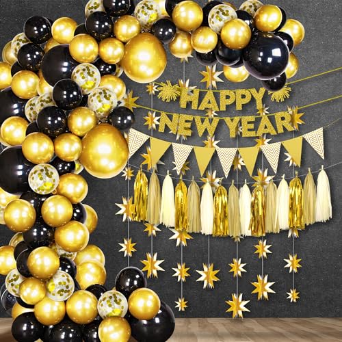 KatchOn, Happy New Year Gold Star Garland - Large, Pack of 99 | New Year Balloon Garland Kit, Happy New Year Decorations 2024, NYE Decorations 2024 | Foil Tassel Garland for NYE decorations 2024