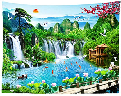 BELECO 5x4ft Fabric Mountain Lake Wonderland Backdrop for Photography Waterfalls Backdrop Mountain Pavilion Bridge Lotus Crane Spring Flowers Asian Landscape Painting Nature Backgroud Photo Props - size: 5x4FT