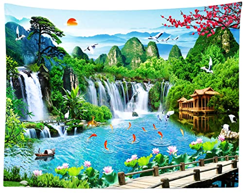 BELECO 5x3ft Fabric Mountain Lake Wonderland Backdrop for Photography Waterfalls Backdrop Mountain Pavilion Bridge Lotus Crane Spring Flowers Asian Landscape Painting Nature Backgroud Photo Props - size: 5x3FT