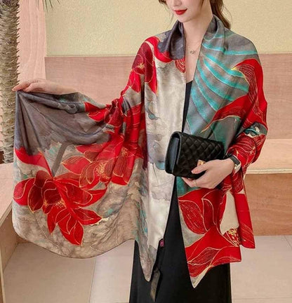 Xyueanlo Scarfs for Women Lightweight Scarves Fashion Print Floral Pattern Head Scarf Wraps Shawls - color: Red Grey