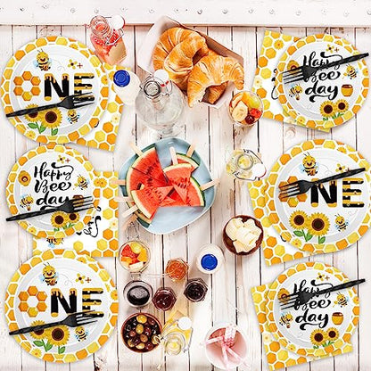 Qyeahkj 100 Pcs Bee 1st Birthday Party Supplies Paper Plates and Napkins Set Disposable Bee First Birthday Tableware Decorations for Bees Theme Baby Shower Serves 25 - style: Bee 1st