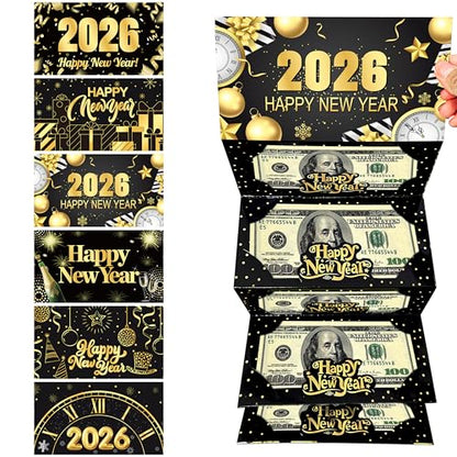 2026 New Year Money Envelopes for Cash Gifts Happy New Year Party Supplies 6PCS New Year's Eve Gifts Card Money Holder Black and Gold Surprise Cash Envelopes for Countdown Party