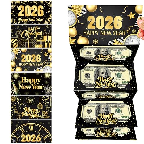 2026 New Year Money Envelopes for Cash Gifts Happy New Year Party Supplies 6PCS New Year's Eve Gifts Card Money Holder Black and Gold Surprise Cash Envelopes for Countdown Party