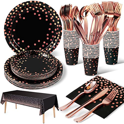 Nkaiso 141Pcs Black Rose Gold Paper Plates and Napkins Party Supplies for20 - color: Black and Rose Gold