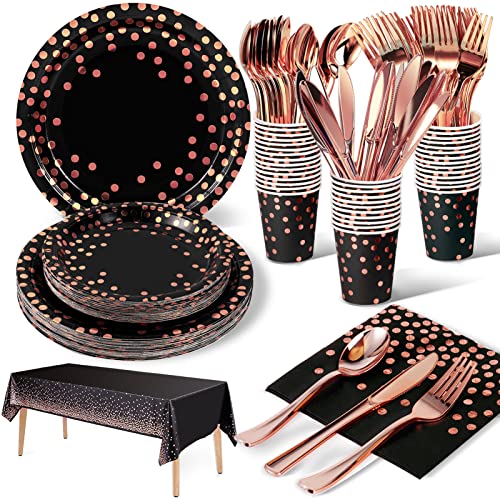 Nkaiso 141Pcs Black Rose Gold Paper Plates and Napkins Party Supplies for20 - color: Black and Rose Gold