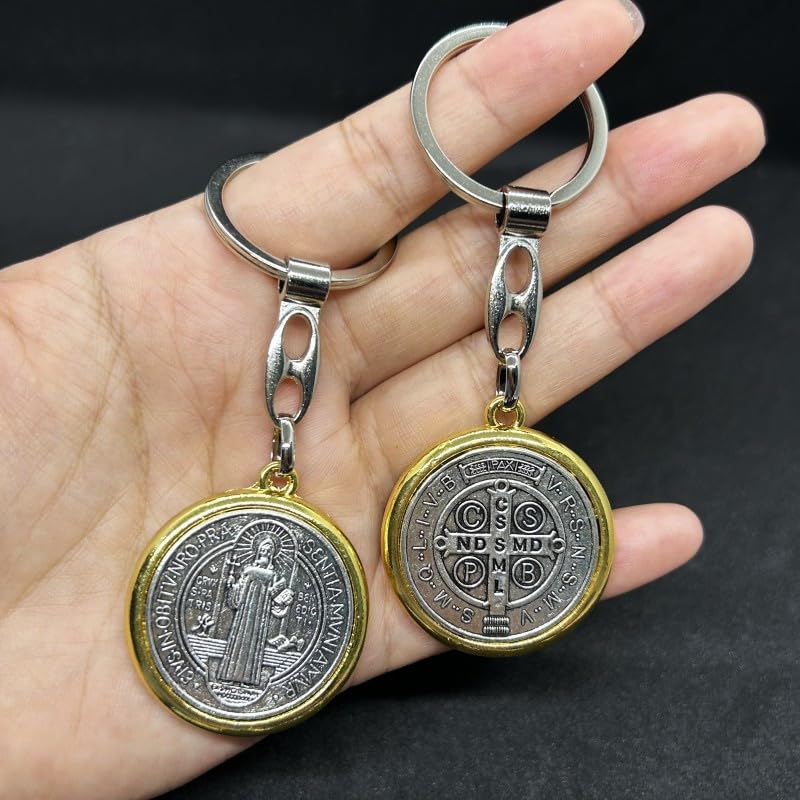 2pcs SaintBenedict Medallion Keychain Catholic SanBenito Pendant KeyRing Jesus Religious MetalJewelry Accessories for BagGift - color: Golden Silver