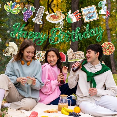 3Pcs Italy Happy Birthday Banner Pizza Pasta Wine Helmet Party Hanging Banner Italian Theme Birthday Bridal Wedding Baby Shower Boys Girls Kids Home Classroom Party Supplies Decoration - color: Italy