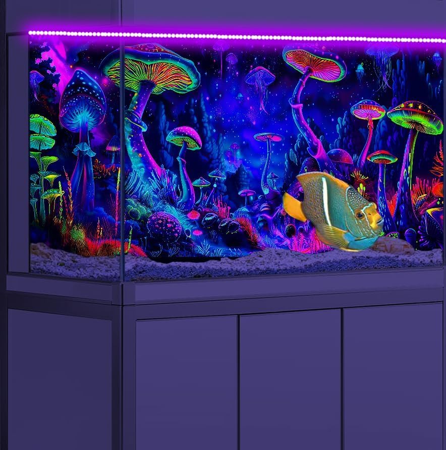 24X12IN Blacklight Mushroom Black Light Aquarium Background UV Reactive Background Starry Sky Terrarium Mushroom Theme Background with 10 EVA Double-Sided Tape - color: Violet bluish, size: 24X12in/60X30cm