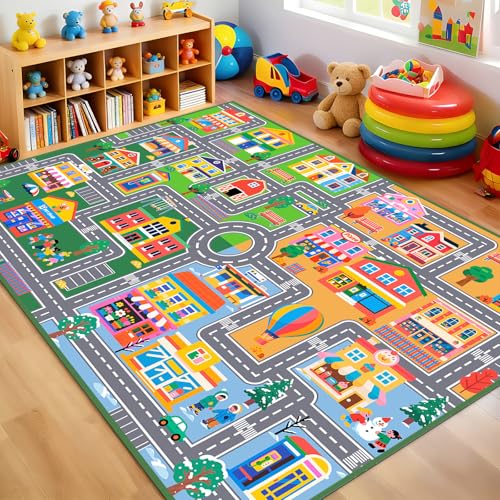 Car Rug, Kids Play Mat for Floor Educational Traffic Car Road Rug Carpet for Kids Room Classroom Preschool Bedroom Living Room Playroom, 4.5 x 6 Feet - color: Multi 128, size: 4'6" x 6' (Rectangular)