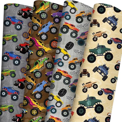 Cuitpan Monster Trucks Wrapping Paper for Kids Birthday Baby Shower - Gift Wrap with Monster Trucks, Checkered Flag Designs - 20 x 29 Inches, 8 Folded Sheets, Recycled… - color: Gray-Monster Trucks