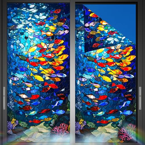 Nuxovilar Frosted Fish School Pattern Window Glass Film 17.7x39.4 in PVC | Fish School, Marine Decal colorful sea sticker, glass window cling for bathroom kitchen sliding door (Fish School)