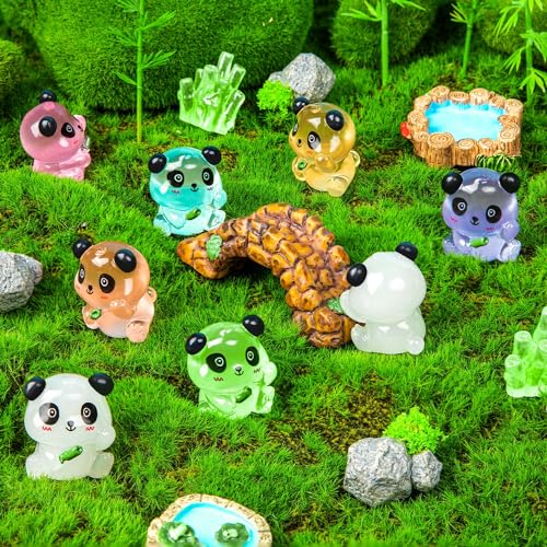 18PCS Luminous Mini Resin Panda Figurines with 2 Bamboos for Dollhouse | Cute Panda Figurines Miniature, Glow in The Dark Mini Panda Bamboo Bulk, Cake Topper, Micro Landscape, Garden DIY - style: MiniPanda 20PCS