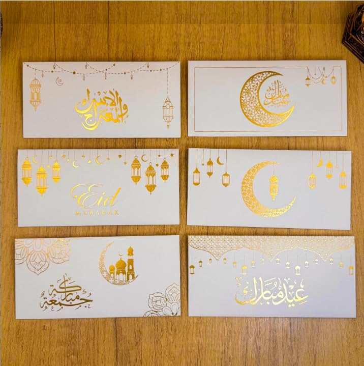 6 Eid Envelopes, Super Thick White Kraft Paper, Golden Stamping Process Is Simple and Advanced. During Ramadan and Eid, Envelopes Size Can Be Used to Carry Cash.