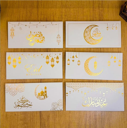 6 Eid Envelopes, Super Thick White Kraft Paper, Golden Stamping Process Is Simple and Advanced. During Ramadan and Eid, Envelopes Size Can Be Used to Carry Cash.