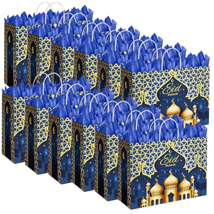CMSSHUAI 12 Pcs Eid Mubarak Gift Bags with Handles 12.8 x 10.4 x 4.4 Inch Large Ramadan Tote Bags Eid Mubarak Paper Treat Goodie for Gifts Wrapping Ramadan Party Supplies - color: eid 12