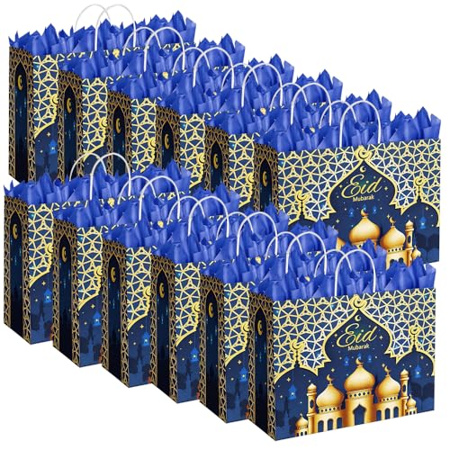 CMSSHUAI 12 Pcs Eid Mubarak Gift Bags with Handles 12.8 x 10.4 x 4.4 Inch Large Ramadan Tote Bags Eid Mubarak Paper Treat Goodie for Gifts Wrapping Ramadan Party Supplies - color: eid 12