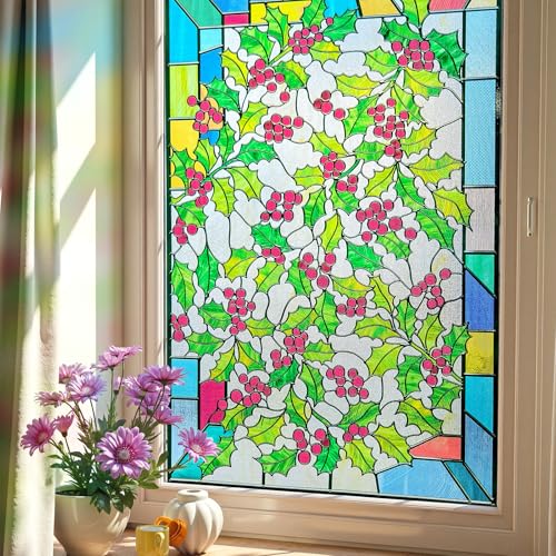 Window Privacy Film, 3D Stained Glass Window Film, 23.6x35.4in | Decorative Window Privacy Film for Bathroom, Front Door, Home, Sun Blocking Heat Control, Static Cling, Holly - color: Holly, size: 23.6inch x 35.4inch