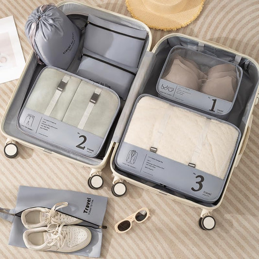 7-Piece Suitcase Organizer Set with Mesh Bags, Travel Storage Cubes for Underwear and Toiletries, Foldable Packing Bags for Extended Vacations, Grey - color: Grey