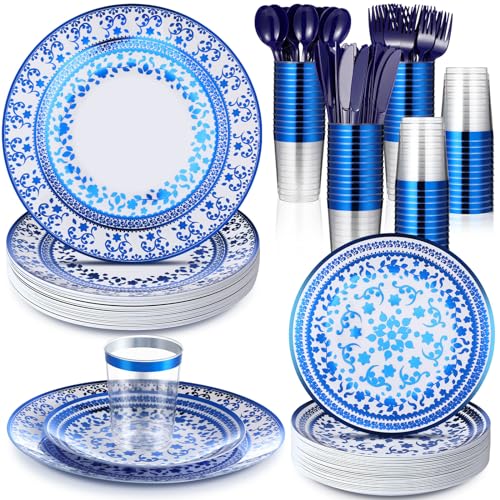 Layhit 25 Sets Plastic Disposable Dinnerware Set Blue and White Floral Tableware Set Include Elegant Flower Paper Plates Cups Fork Spoons Knives for Wedding Bridal Shower Birthday Party Supplies