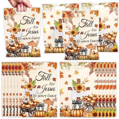 Fall Thanksgiving Party Favor Bags - Fall for Jesus He Never Leaves Goodie Candy Gift Bags Autumn Christian Religion Pumpkin Party Supplies for Christian Religious Harvest Thanksgiving - color: Fall for Jesus
