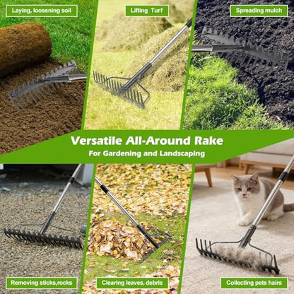 Bow Rake,Heavy Duty Metal Garden Rake for Moving Gravel Loosening Soil Leveling Ground Gathering Leaf Debris Spreading Mulch, 17 Tines,Adjustable Handle, for Lawn Garden Farm Landscape Work (77") - style: 77"