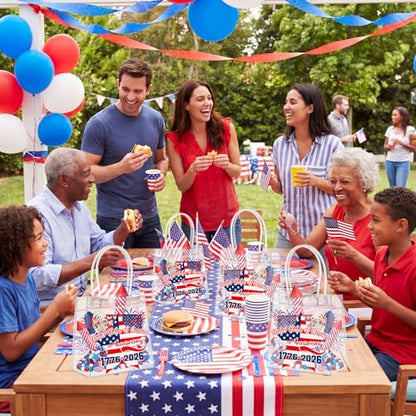 Aliceset 24 Pcs 250th Anniversary Clear PVC Gift Bags with Handles Patriotic Waterproof Reusable Tote for 4th of July Independence Day Party Favors, 6.31" x 5.91" x 3.15" - style: Patriotic