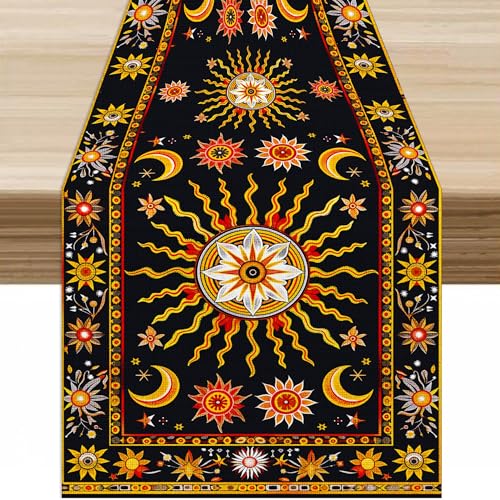 Sun Moon Table Runner,Bohemian Indian Orange Hippie Mystery Celestial Starry Night Mandala Moon Phase Tabletop Restaurant Dining Kitchen Wedding Party 13x36 Inch - color: Moon Style-25, size: W13X L36