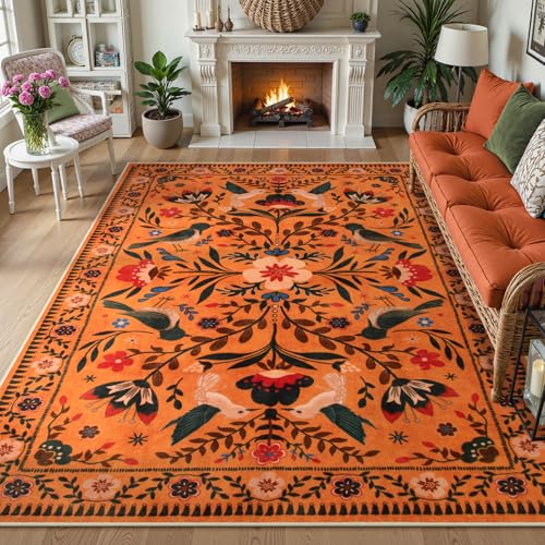 Moynesa Washable 8x10 Area Rugs for Living Room Bedroom Dining Room, Bohemian Scandinavian Modern Country Aesthetic Floral Bird Medallion Carpet, Fall Home Decor Open Floor Areas Protection Non-Slip - color: Orange, size: 8' x 10' (Rectangular)