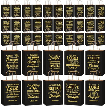Chiisong 100 Pcs Christian Gift Bags, Fathers Day Religious Bible Verse Treat Bags with Handles Inspirational Church Scripture Bag for Women Wedding Baptism Birthday Party Favor(Black and Gold) - color: Black and Gold