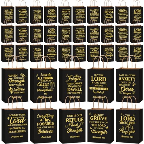 Chiisong 100 Pcs Christian Gift Bags, Fathers Day Religious Bible Verse Treat Bags with Handles Inspirational Church Scripture Bag for Women Wedding Baptism Birthday Party Favor(Black and Gold) - color: Black and Gold