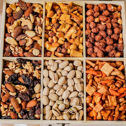 Nut Gift Basket, in Reusable Wooden Crate, Healthy Fathers Day Gift Option, Gourmet Snack Food Box, with Unique Flavors, Great for Feel Better, Sympathy & Birthday- Bonnie & Pop - style: 6 section