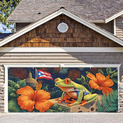 7 * 16ft Vibrant Puerto Rico Garage Door Banner, Tropical Island Style Decor Flag, Retro Castle Pattern Photo Backdrop, Cultural Pride Background for Outdoor Festival Holiday Garage Door Decoration - color: Puerto Rico#3, size: 7*16 ft