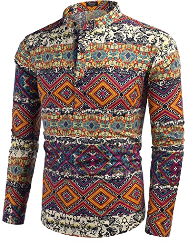 COOFANDY Men's Cotton Linen Henley T-Shirt Long Sleeve Hippie Casual Beach T-Shirts - color: Geometric, size: X-Large