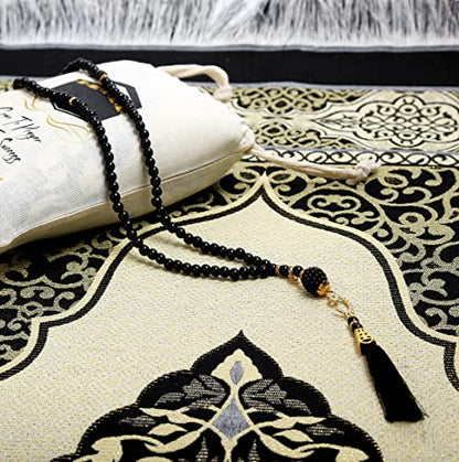 ESERRA Muslim Prayer Rug - 99 Beads & Cap Included, Islam Prayer Mats for Men, Women & Kids (Black) - color: Black