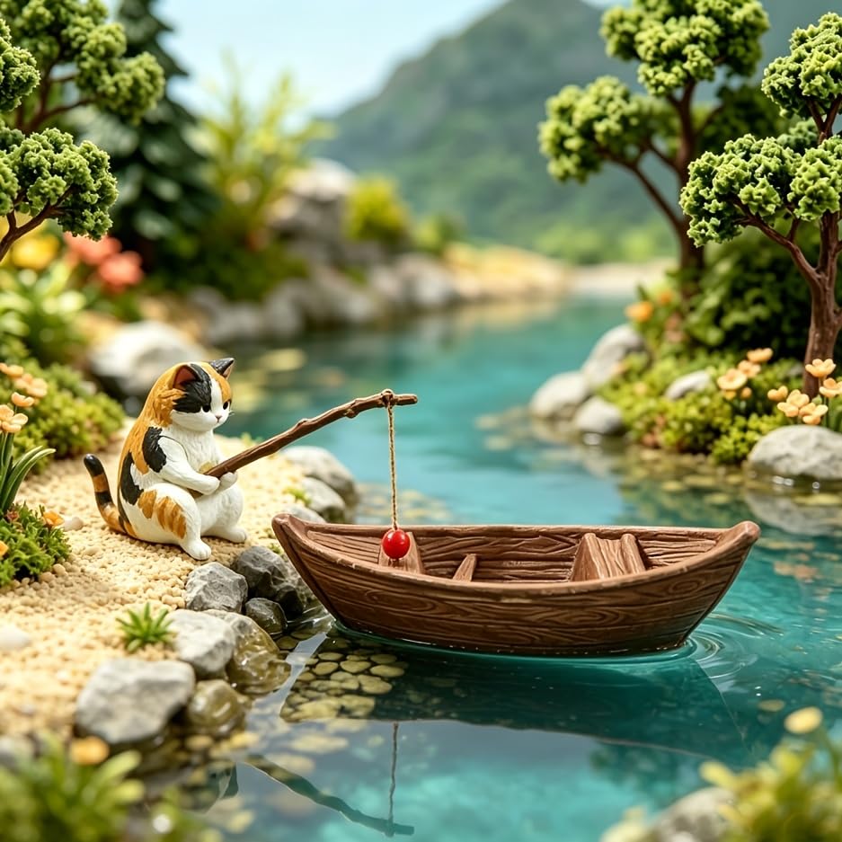 Fishing Cat Aquarium Decoration Resin Figurine, Cute Fish Tank Ornament for Cats to Watch, Mini Ocean Theme Landscape Statue, Fish Bowl Decor, Desktop Home Accessory, Aquarium Floating Tank Decoration