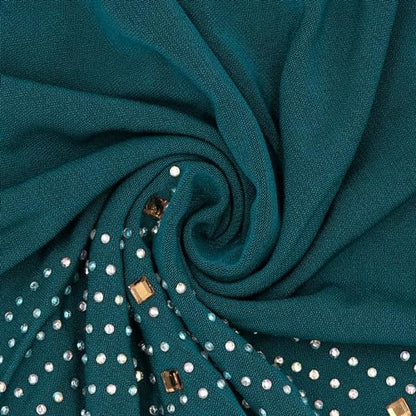 ZGMYC Women Shiny Rhinestones Muslim Hijab Elegant Long Turban Cap Head Wrap Scarf - color: Peacock Blue(golden Beads & Rhinestones)
