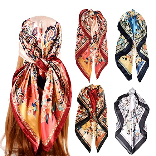 4Pcs Silk Head Scarves for Women Satin Hair Scarf 35”Large Square Bandana Silk Like Neck Scarf Shawl - color: Red/Blue/White/Beige