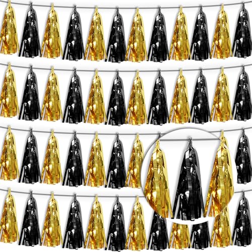 4P Black Gold Tassel Banner Garland Metallic Foil Fringe Banner Tinsel Tassels Streamer Banner Backdrop for Parade Floats, 2025 Graduation Decorations, Father's Day,New Years Party Decoration - color: Black Gold