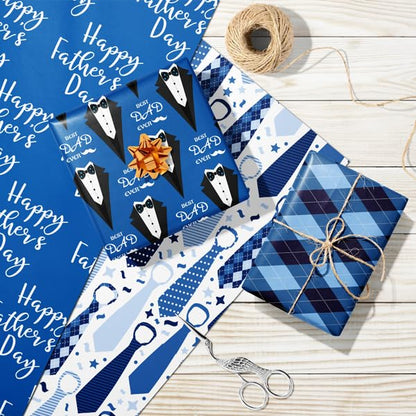 Cuitpan Father's Day Wrapping Paper - Blue Gift Wrap for Men With Happy Father's Day,Suit, tie, Hat, Mustache and Plaid Design - 20×29 Inches, 8 Folded Sheets Easy to Store - color: Blue-Father's Day