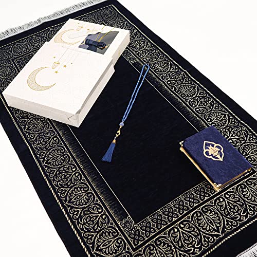 IEF Personalized Prayer Rug Quran Prayer Beads Islamic Gift Set, Ramadan Eid Wedding Birthday Mother's Day Father's Day Anniversary Day Gifts - color: Navy Blue with Bag