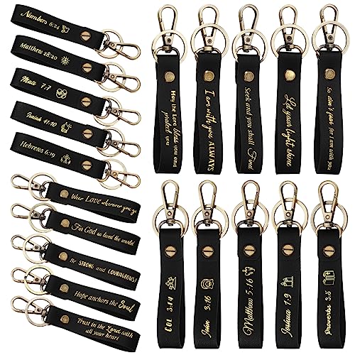 20 Pcs Christian Key Chain Leather Religious Keychain Inspirational Bible Key Chains Verse Quote Keychains Easter Day Gift - color: Black Gold