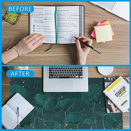 Mouse Pad,Lotus Leaves in Gold Line Desk Mat for Desktop,Desk Pad with Non-Slip Base and Stitched Edge,Extended Mousepad for Office and Home 35.4X15.7 Inch - color: Lotus Leaves in Gold Line